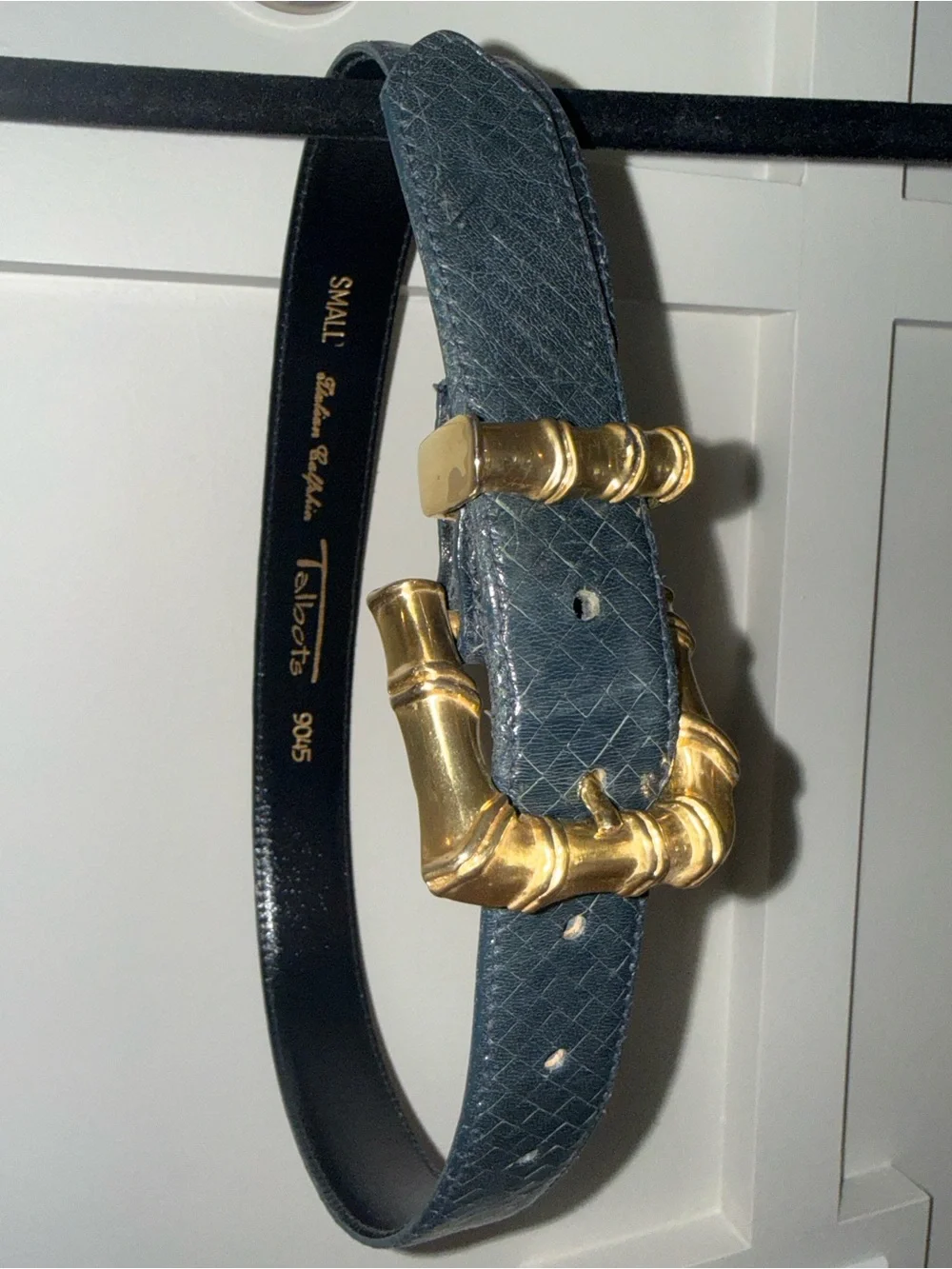 Talbots Italian Black Reptile Embossed Leather Belt with Gold Bamboo Buckle